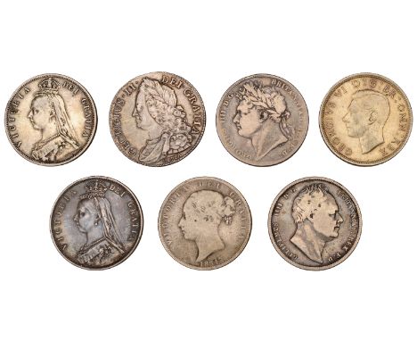 George II, Halfcrown, 1746 lima, edge decimo nono (ESC 1688; S 3695A); George IV, Halfcrown, 1821 (ESC 2360; S 3807); William