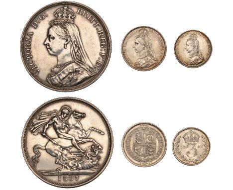 Victoria, Crown, Sixpence (withdrawn type), Threepence, all 1887 (S 3921, 3928, 3931) [3]. First good very fine but cleaned, 