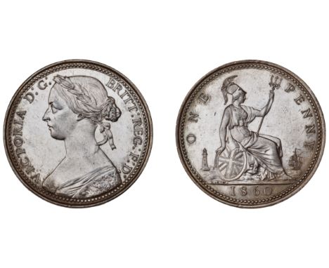 Victoria (1837-1901), Pattern Penny, 1860, struck in bronzed-copper, dies Aa, beaded border, lc wyon on truncation, wreath of