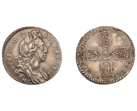 William III (1694-1702), Sixpence, 1697b, Bristol, first bust, small crowns, later harp (ESC 1261; S 3532). Nearly extremely 