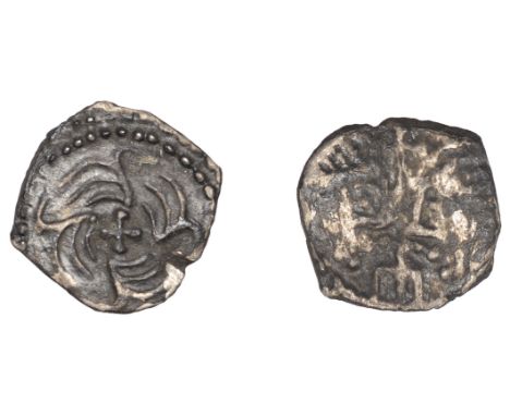Early Anglo-Saxon Period, Sceatta, Secondary series J, type 37, two heads vis-à-vis, cross and ‘trident’ between them, rev. w