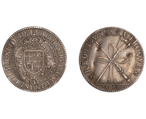 Charles I (1625-1649), Pattern Shilling (or medal), 1628, by N. Briot, in silver, crowned small square-topped shield within c