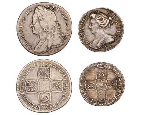 Anne, Sixpence, 1708e* (S 3622); George II, Shilling, 1745 lima (S 3703) [2]. Last fine, first better £70-£90 --- Importation