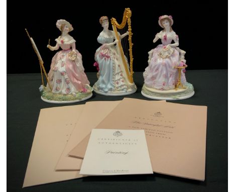 A set of three Royal Worcester The Graceful Arts collection limited edition figures, Music, Painting and Embroidery , sculpte