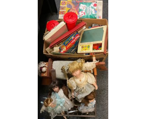 Toys and Games - Vintage board games, wooden rocking horse, ceramic and other dolls, dolls cradle, unicorns, figure etc 