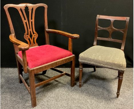 A 19th century ‘Chippendale Revival’, open armchair, carved Wheatsheaf splat, drop-in seat, square legs and stretchers;  anot