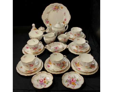 A Royal Crown Derby Posies pattern tea set, for six inc small tea pot,  cream and Milk jugs, sugar bowl, bread plate, cups, s