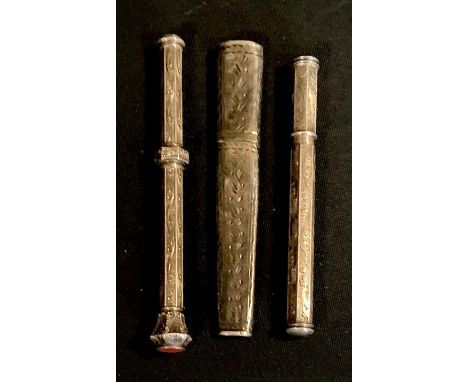 A 19th century silver coloured metal propelling pencil, carnelian terminal; a pencil lead case, similar; a George III silver 