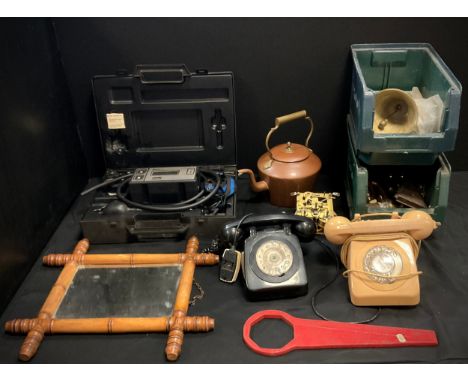 Tools, Telephones etc - BT cradle dial telephone, T.M.A 7190, black, another 7451, cream,  copper kettle, mirror, door fittin