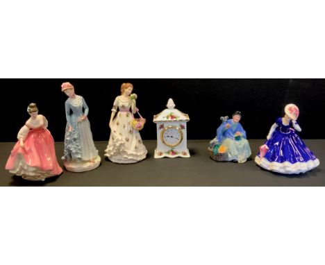 A Royal Doulton figure, 'Tuppence a bag', other figures, Royal Albert, and Royal Worcester;  an Old Country Roses clock, (6).