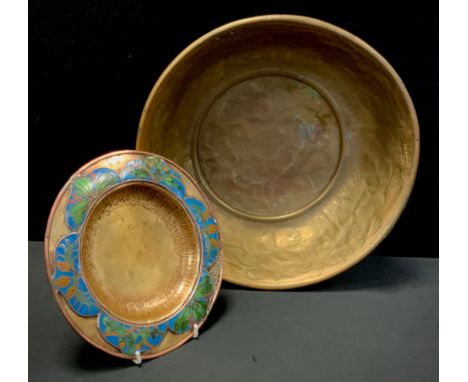 A 19th century English/European enamelled offertory dish, copper and brass body with enamel sections of Acorns, Roan Ash, and