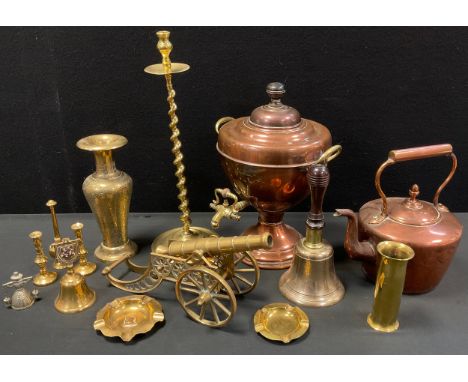 Metalware - copper Samovar, brass candlestick,  trench art shell case vase etc 