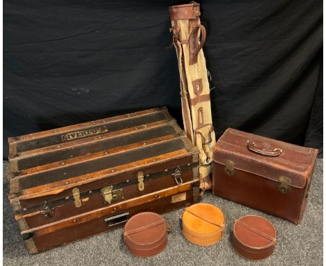 Luggage and Bags- Vintage oak bound trunk, 31cm x 77cm   ,three leather collar boxes, golf bag, leather suit case 