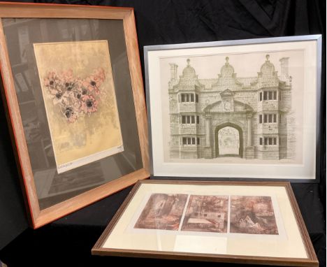 David Gentleman, by and after, Stanway, signed in pencil, limited edition 68/70, 43cm x 55cm;  Lesley E. Hicks, by and after,