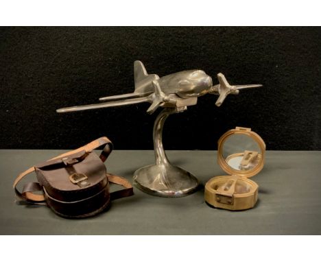 A polished chrome model as a twin engine propeller aircraft,  reproduction Stanley marine compass (2) 