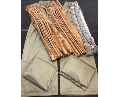 Textiles - a pair of lined triple pleat stripped curtains,  132cm wide, 142cm drop conforming cushions;  other curtains, gree