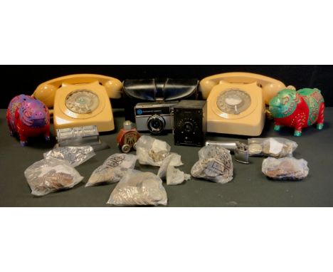 A Kodak Baby Hawkeye box camera, two cream BT 8646 G cradle dial telephones,  GB and international coins, desk calendar,  nov