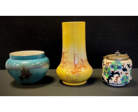 The Foley Faience 'Windmills and Boats' yellow baluster vase, 31cm tall, Wileman and Co blue planter, sailing scene, 24cm dia