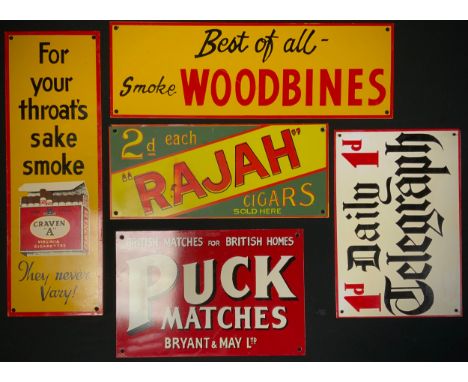 Enamel signs advertising 'The Daily Telegraph', 'Duck Matches', 'Craven A', 'Woodbines' ,'Rajah cigarettes; etc (5) 
