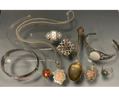 Silver &amp; Jewellery - a silver Jerusalem cross brooch,  hinge bangle, pendant etc, part unmarked,  118.4g gross 