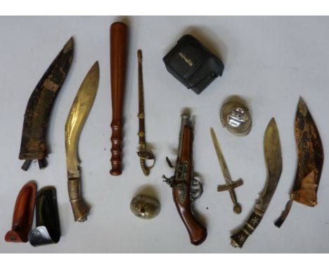 A box of miscellaneous, including camera, lighter, truncheon, kukri, dagger and reproduction pistol etc