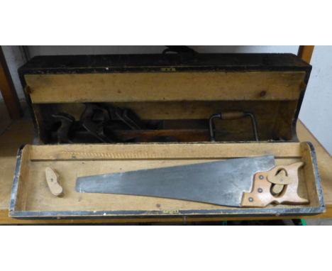 A carpenter's toolbox, together with contents of saws, planes, spoke shaves etc