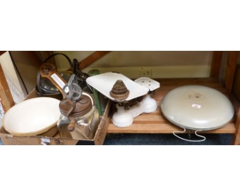 An early Belling electric bed warmer, kitchen scales, coffee grinder, barometer, jam pan, whisk etc