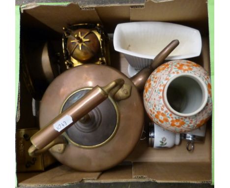 A box of miscellaneous, includes copper kettle, clocks, Wedgwood vase, Royal Worcester egg coddlers etc