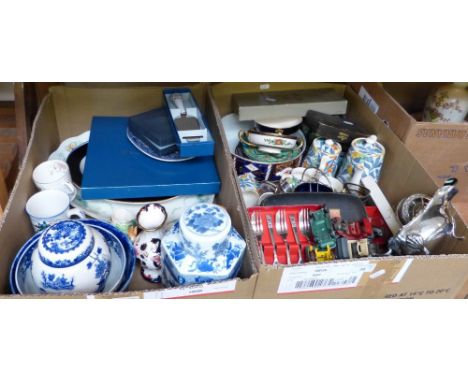 Two boxes of miscellaneous, includes cased and loose cutlery, plateware, coffee service, blue and white, painted pottery, com