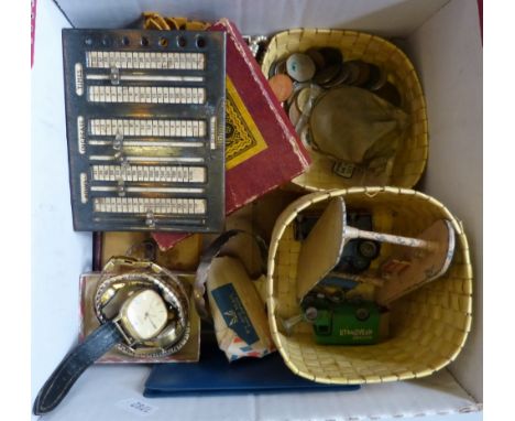 A box of collectables, includes pen, foreign and English coins, olive-wood backed New Testament, wristwatches, jewellery etc