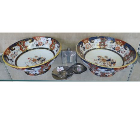 A pair of Ashworth's pedestal bowls, 2 metal dishes and a pewter hip flask 