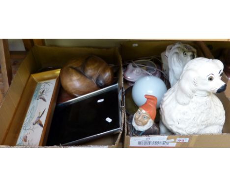 Two pairs of miscellaneous, including Staffordshire Spaniels, gnome figure, table lamp, wooden cat, tray, embroidery etc
