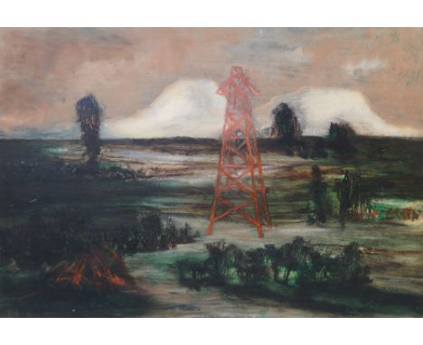 Christopher Cook, British b.1959- "Landscape of the Pylon"; oil on panel, 50x70cm, (may be subject to Droit de Suite)
Provena