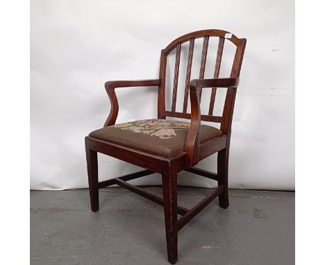 A mahogany rail back armchair, with a tapestry drop in seatStructurally sound, general wear, seat worn