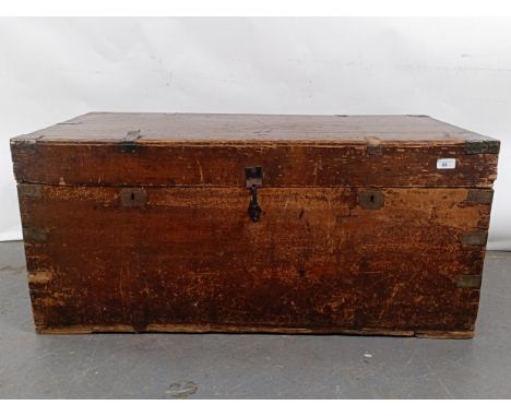 A Victorian teak and brass bound trunk, 106 cm wideSurface wear, losses, some of the brass mounts are off and lost, no key