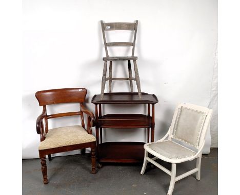 A mahogany armchair, a painted chair, an Ercol type trolley, and a kitchen chair (4)Conditions vary