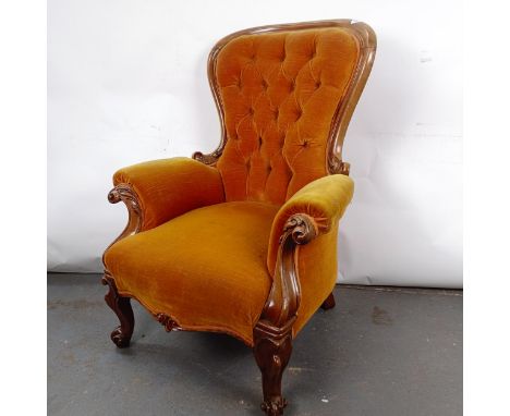 A Victorian mahogany framed button back armchairBack frame has been framed, general wear