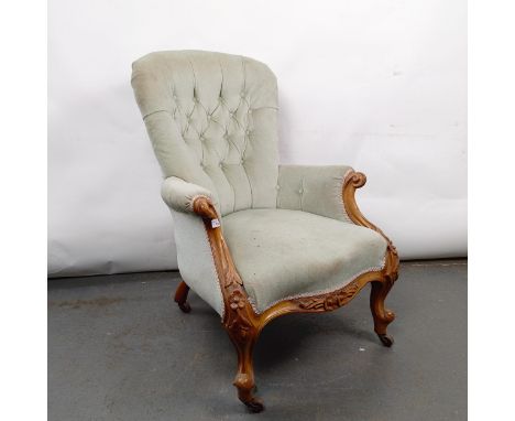 A Victorian mahogany framed button back armchair, in need of extensive restoration