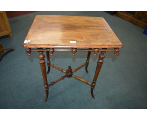 Victorian Walnut Topped Occasional Table with Turned Cross Stretcher, and Rail with Bobbin Detail