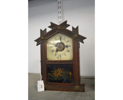 American Mantel Clock with Floral Painted Panel and Alarm