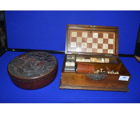 Mahogany Gaming Box with Chess Draughts, Dominoes, and Board, plus Carved Chinese Box