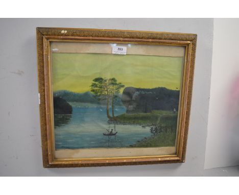 Oil on Canvas Folk Art Lakeside Scene