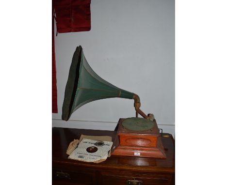 Wind Up Gramophone with Green Horn and 78 Records