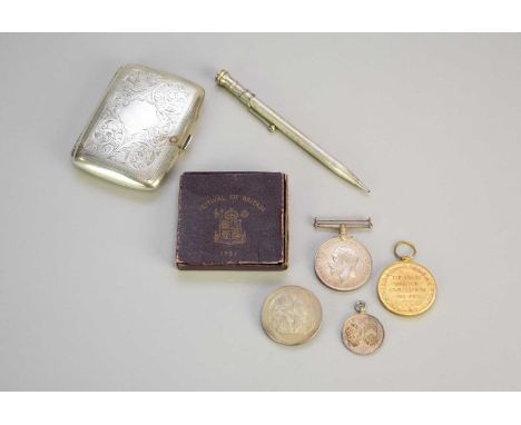 A silver cigarette case, Birmingham, with interior presentation engraving, together with a Festival of Britain 1951 coin, a p