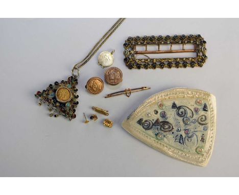 An enamelled triangular pendant set with Italian coin, together with a black and white enamelled buckle, two Masoinc studs, a