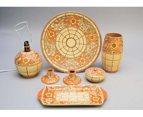 A collection of Charlotte Rhead Bursley Ware pottery in the Arabesque Trellis pattern (TL3)typically tubelined, comprising a 