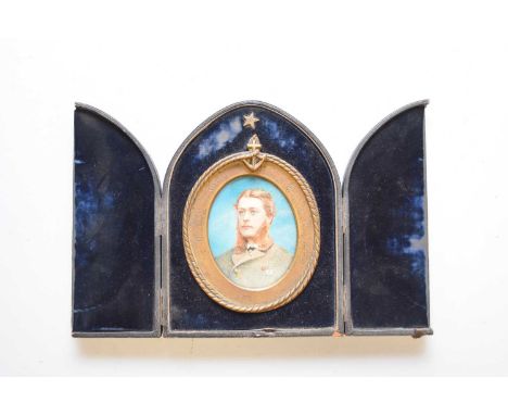 Late 19th Century Portrait Miniature of a Naval Officer within a velvet lined triptych folding case with stand, frame inscrib