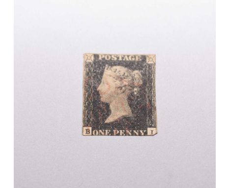 A Victoria 1840 penny black, letter 'B-I', light ref Maltese cross cancellation, no margins, together with a Victoria 1840 pe