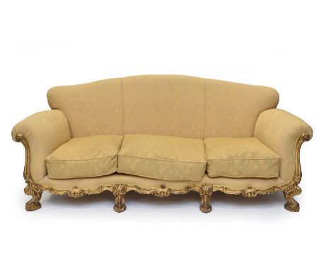 A late Victorian Italian Louis XIV style giltwood three-piece lounge suite, with roll arms and slightly arched backs, the gil