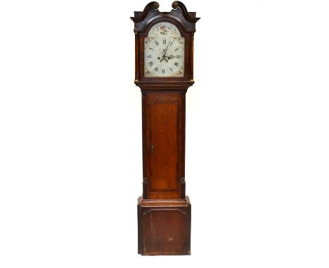 A George III oak 8-day longcase clock, by ‘Rob? Webster, Shrewsbury’, cross-banded in mahogany, the hood with a broken swan-n